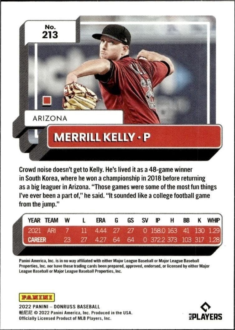2022 Panini Donruss Merrill Kelly #213 baseball trading card back