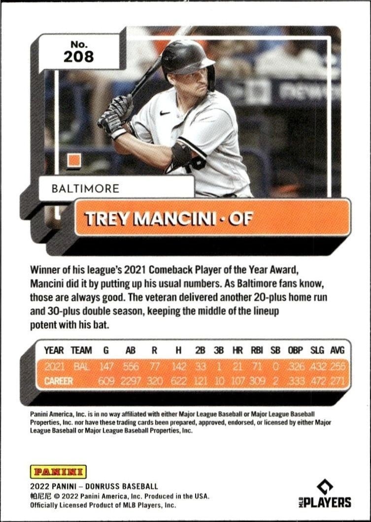 2022 Panini Donruss Trey Mancini #208 baseball trading card back