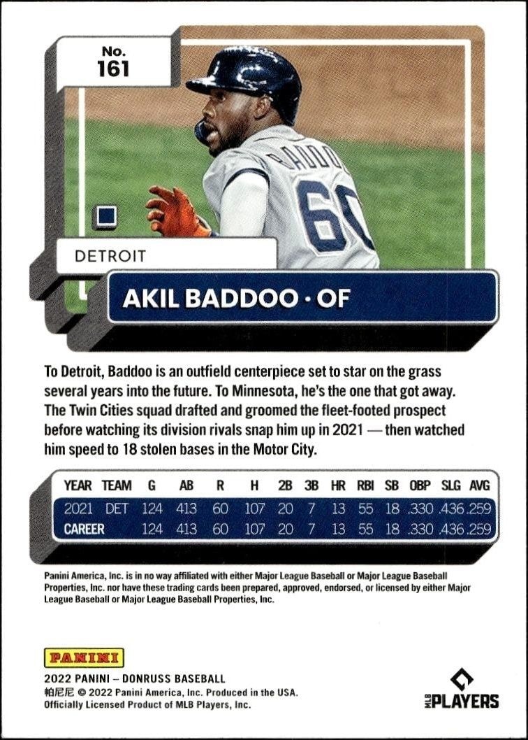 2022 Panini Donruss Akil Baddoo #161 baseball trading card back