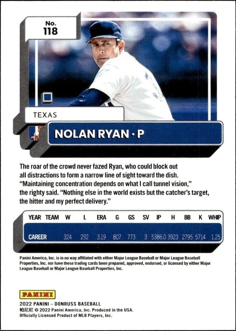 2022 Panini Donruss Nolan Ryan #118 baseball trading card back