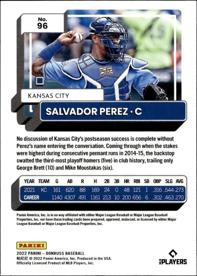 2022 Panini Donruss Salvador Perez #96 baseball trading card back