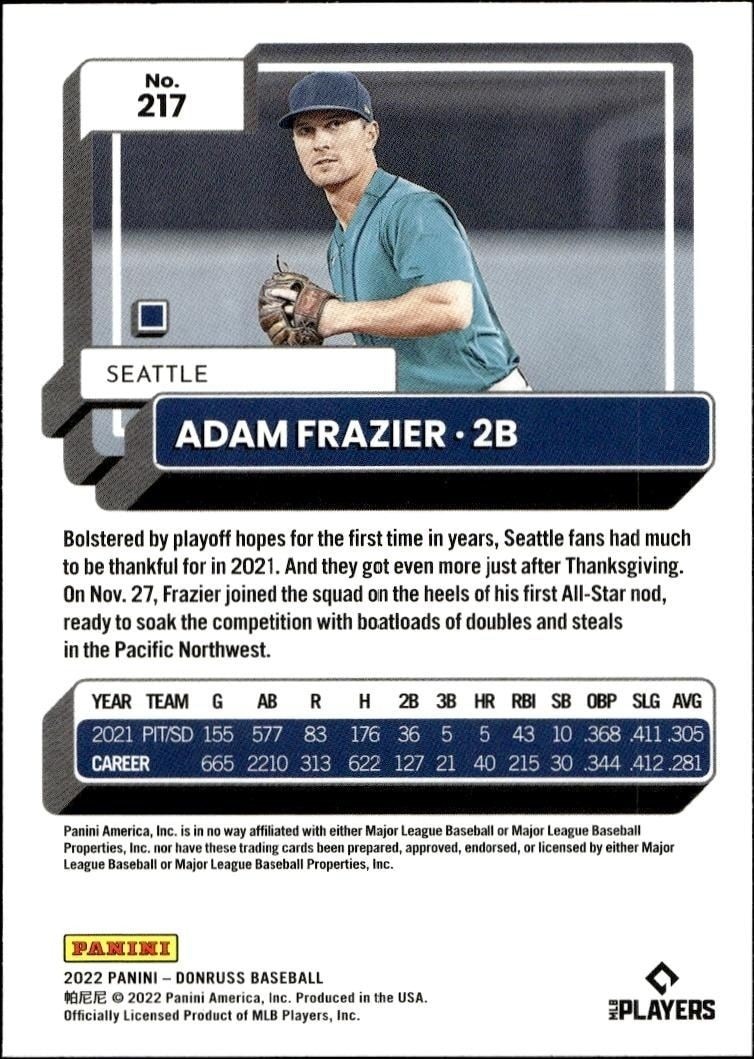 2022 Panini Donruss Adam Frazier #217 baseball trading card back