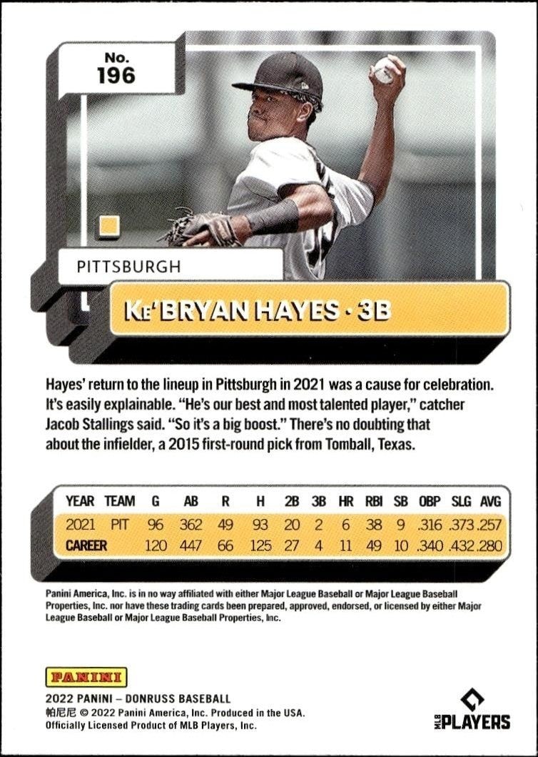 2022 Panini Donruss Ke'Bryan Hayes #196 baseball trading card back