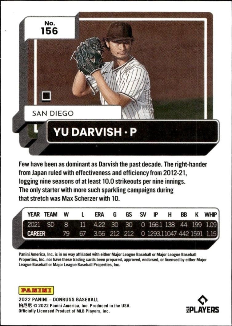 2022 Panini Donruss Yu Darvish #156 baseball trading card back