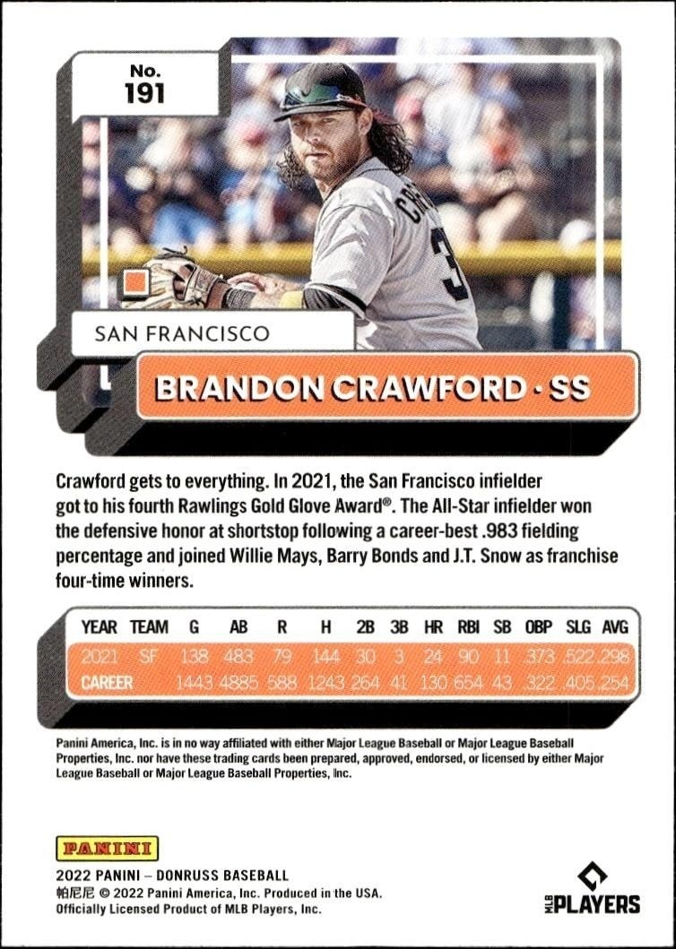 2022 Panini Donruss Brandon Crawford #191 baseball trading card back