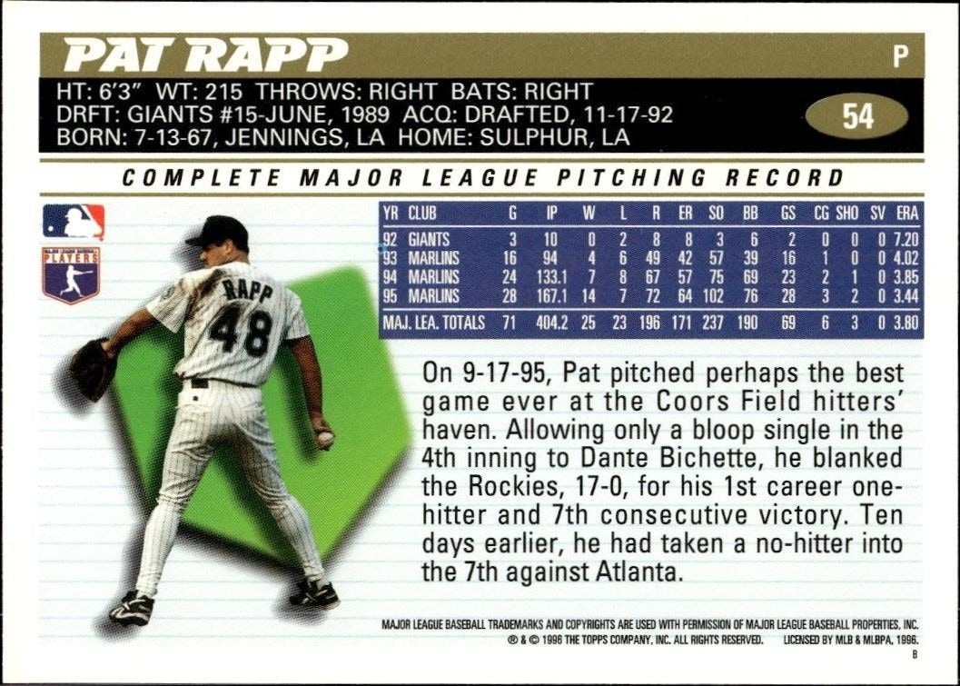 1996 Topps Pat Rapp #54 baseball trading card back