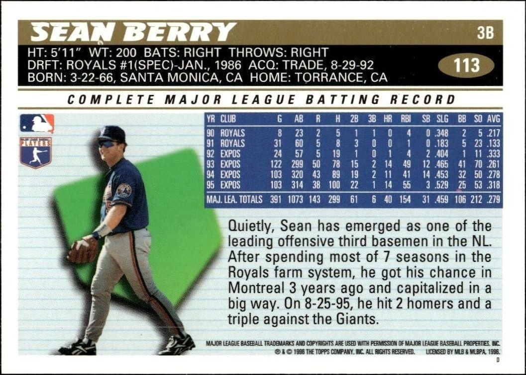 1996 Topps Sean Berry #113 baseball trading card back