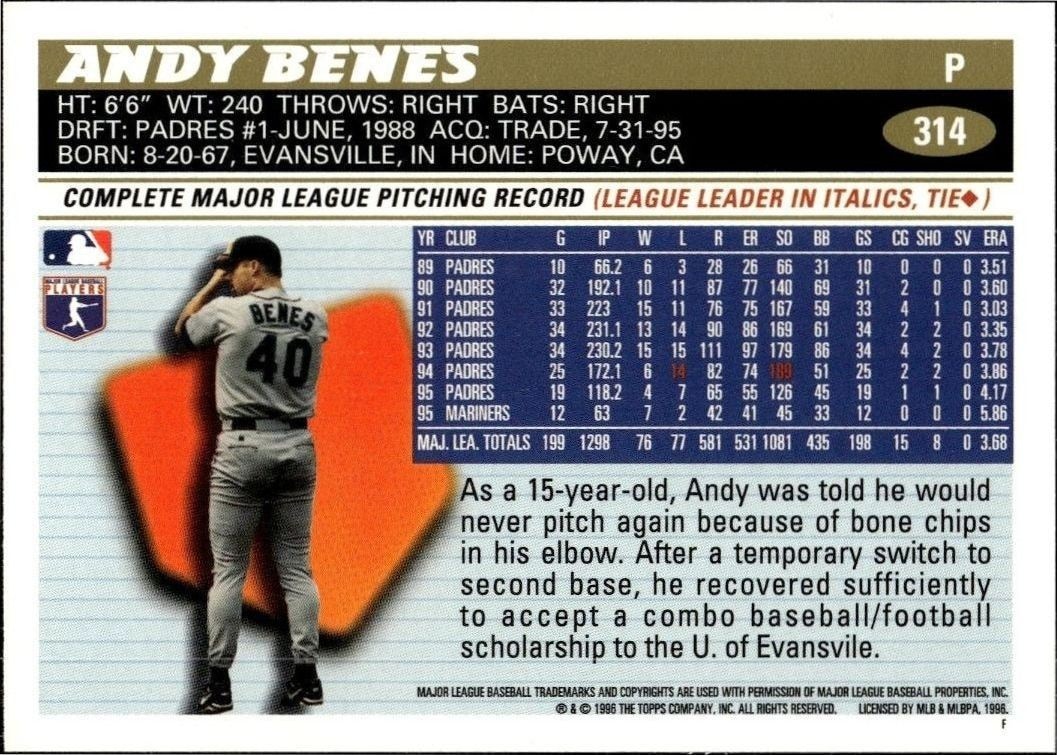 1996 Topps Series 2 Andy Benes #314 baseball trading card back