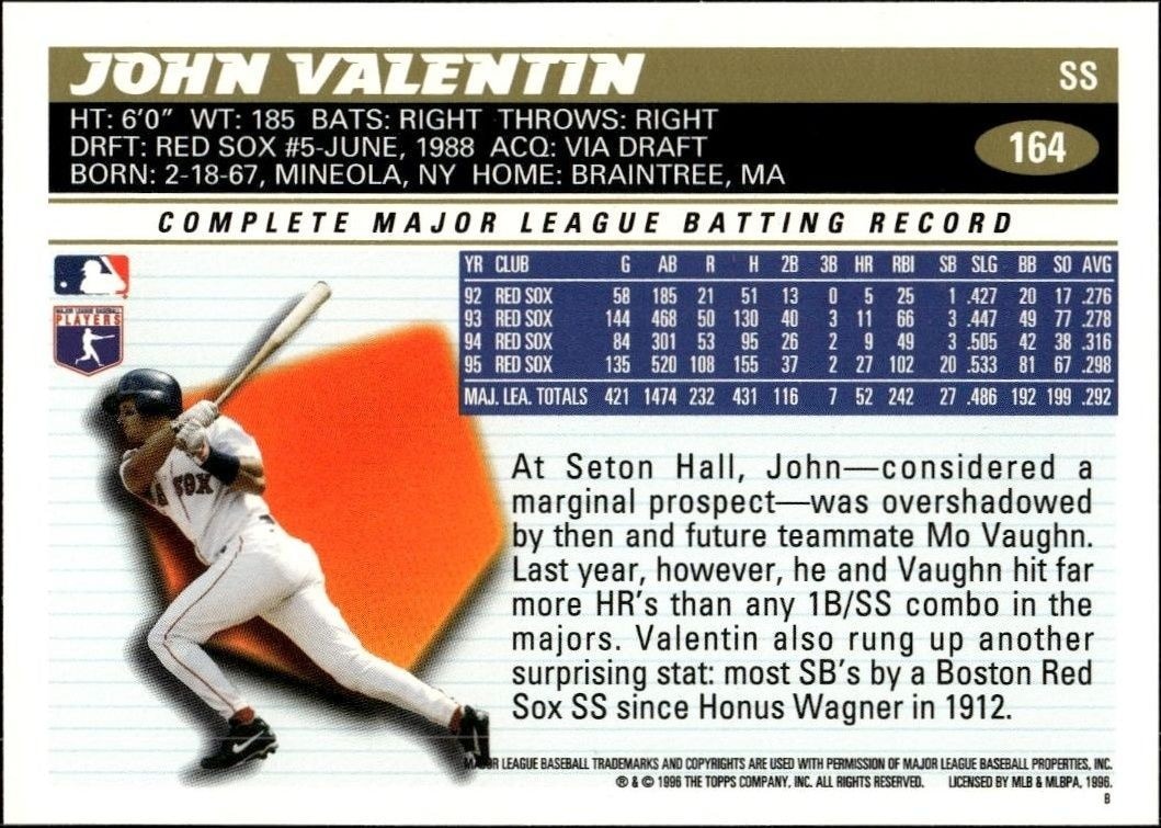 1996 Topps John Valentin #164 baseball trading card back