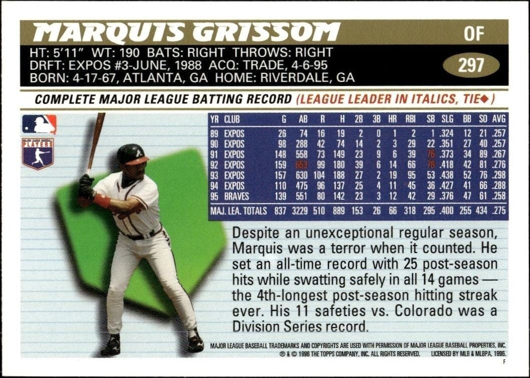 1996 Topps Series 2 Marquis Grissom #297 baseball trading card back