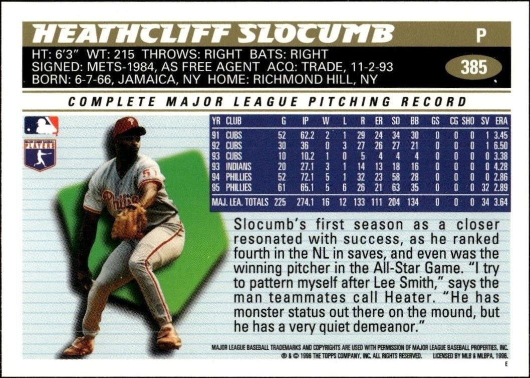 1996 Topps Series 2 Heathcliff Slocumb #385 baseball trading card back