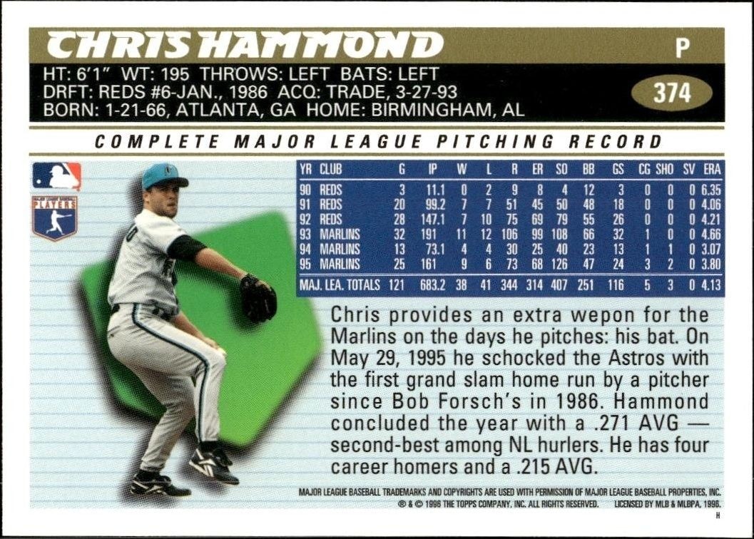 1996 Topps Series 2 Chris Hammond #374 baseball trading card back