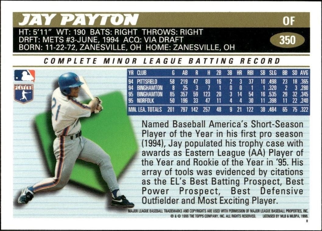 1996 Topps Series 2 Jay Payton #350 baseball trading card back
