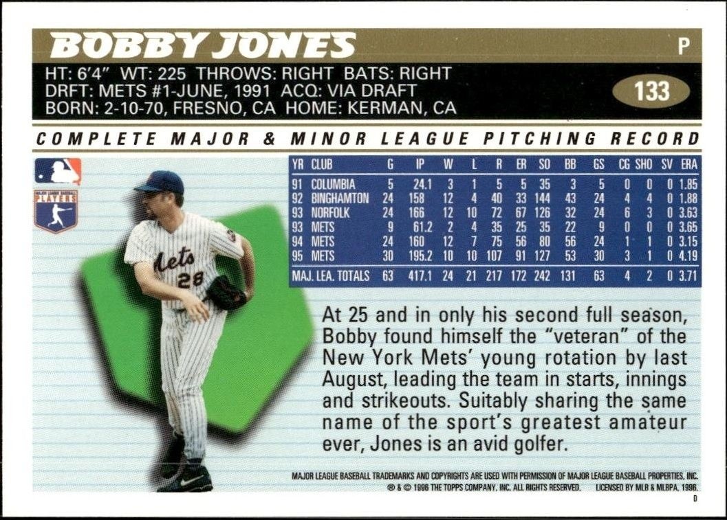 1996 Topps Bobby Jones #133 baseball trading card back