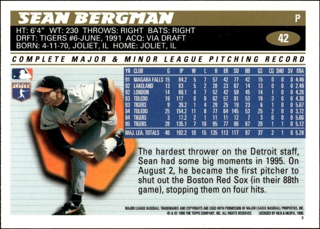 1996 Topps Sean Bergman #42 baseball trading card back