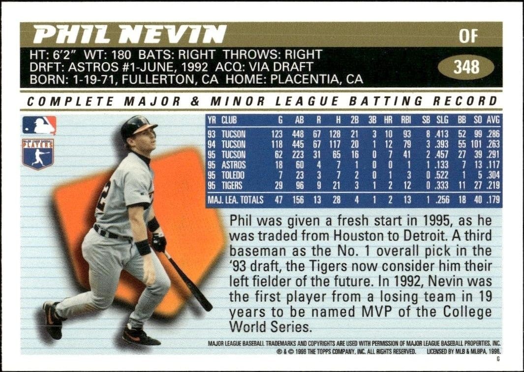 1996 Topps Series 2 Phil Nevin #348 baseball trading card back