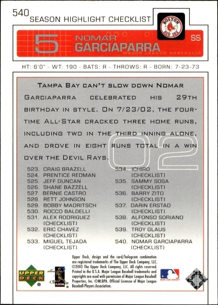 2003 Upper Deck Nomar Garciaparra #540 baseball trading card back