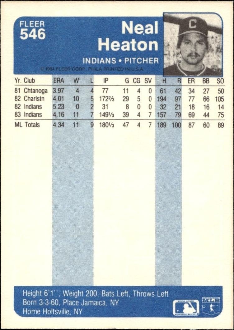1984 Fleer Neal Heaton #546 baseball trading card back