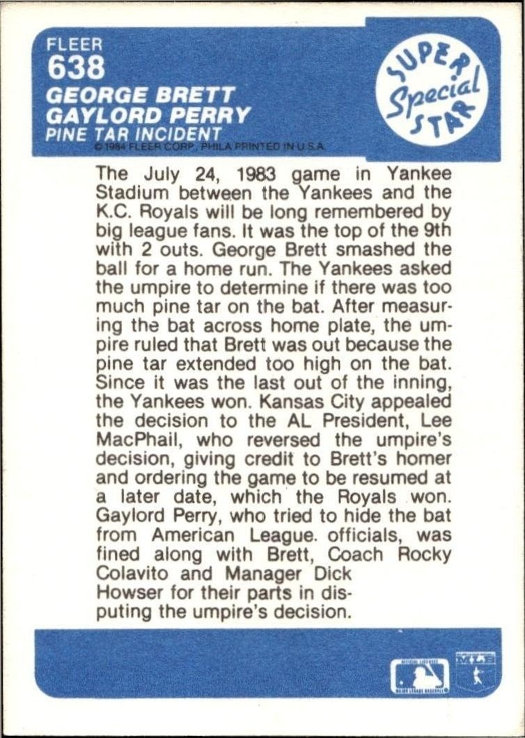 1984 Fleer George Brett #638 baseball trading card back
