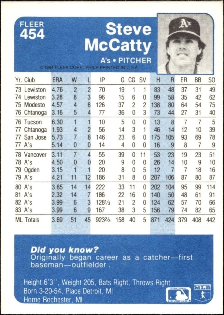 1984 Fleer Steve McCatty #454 baseball trading card back