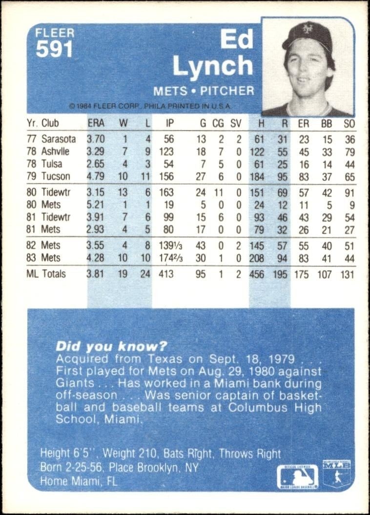 1984 Fleer Ed Lynch #591 baseball trading card back