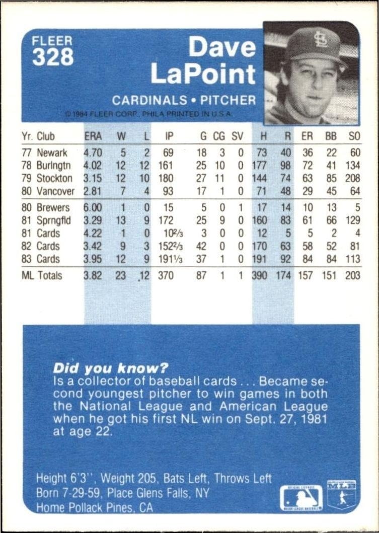 1984 Fleer Dave LaPoint #328 baseball trading card back
