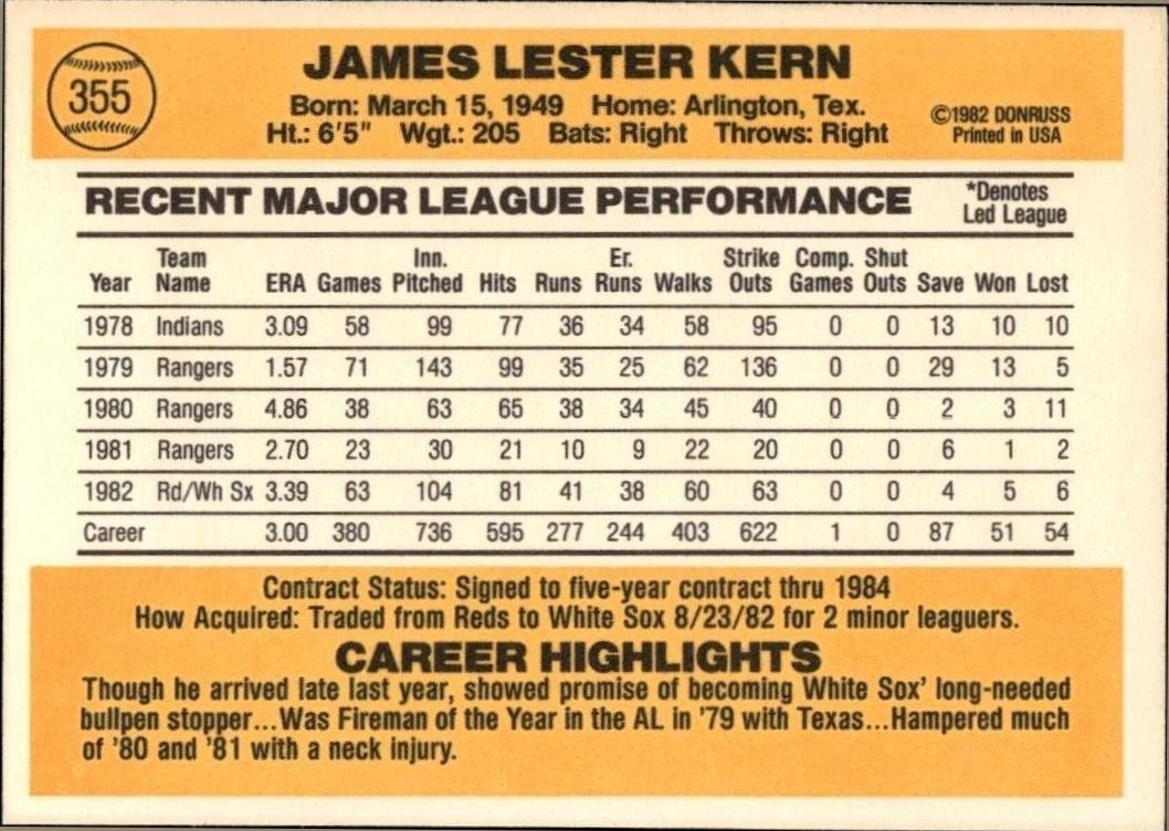 1983 Donruss Jim Kern #355 baseball trading card back