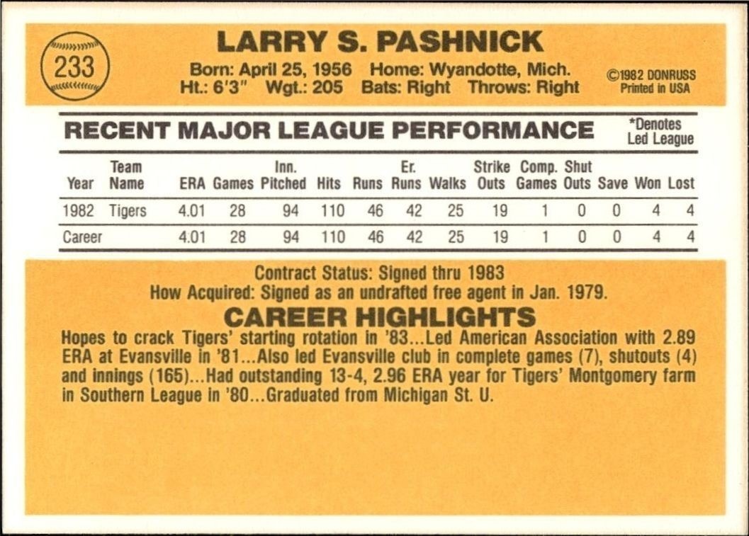 1983 Donruss Larry Pashnick #233 baseball trading card back