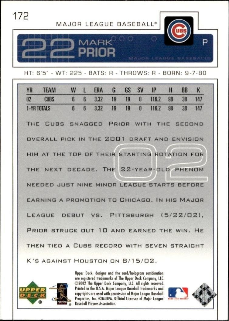 2003 Upper Deck Mark Prior #172 baseball trading card back