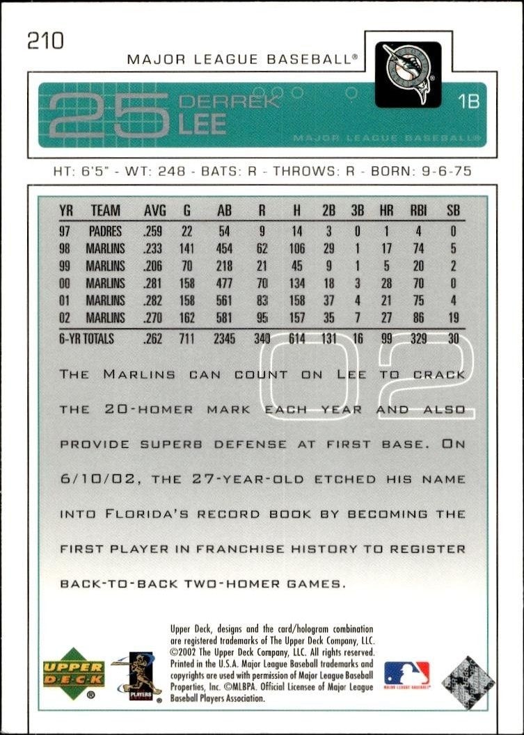 2003 Upper Deck Derrek Lee #210 baseball trading card back