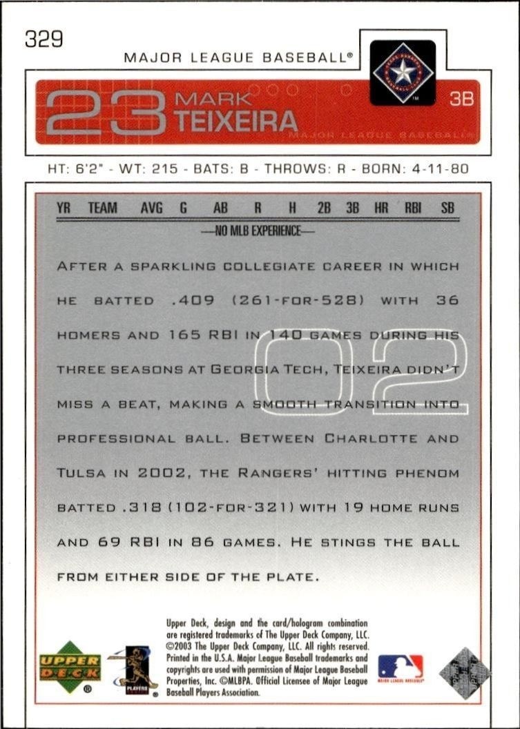 2003 Upper Deck Mark Teixeira #329 baseball trading card back