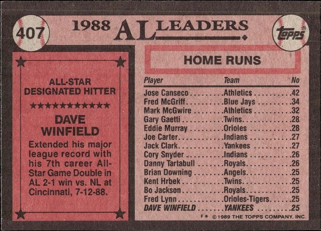 1989 Topps Dave Winfield #407 baseball trading card back