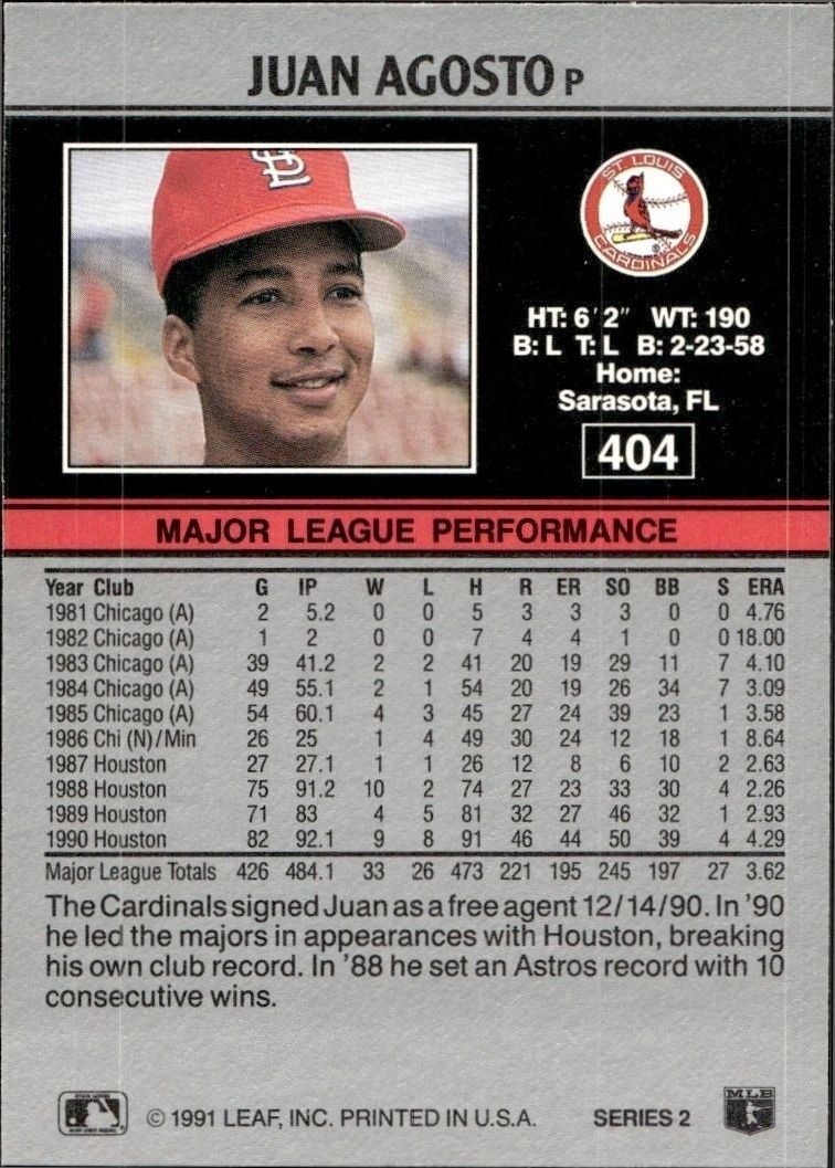 1991 Leaf Juan Agosto #404 baseball trading card back