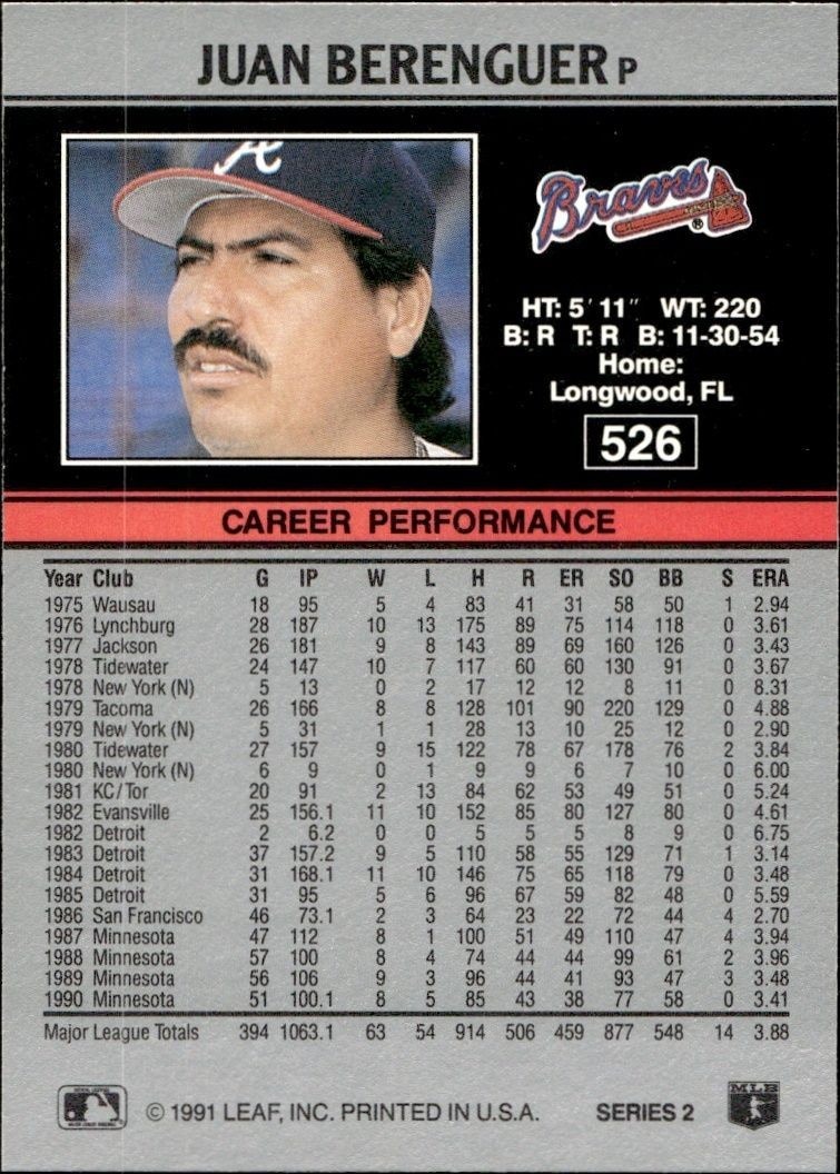 1991 Leaf Juan Berenguer #526 baseball trading card back