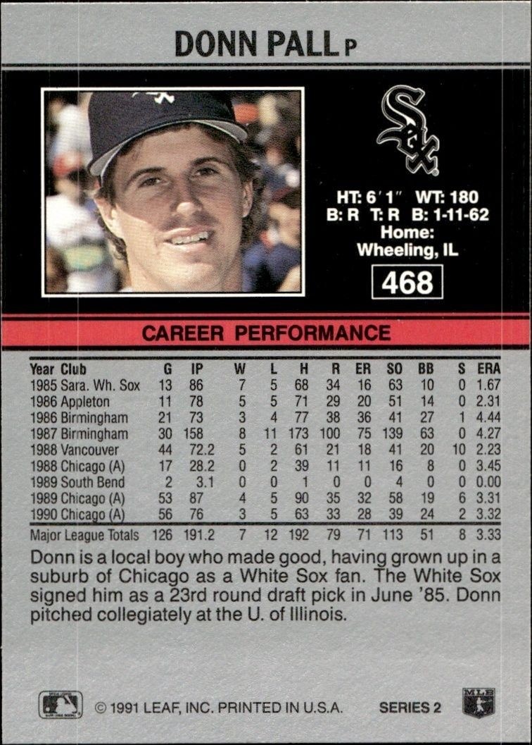 1991 Leaf Donn Pall #468 baseball trading card back