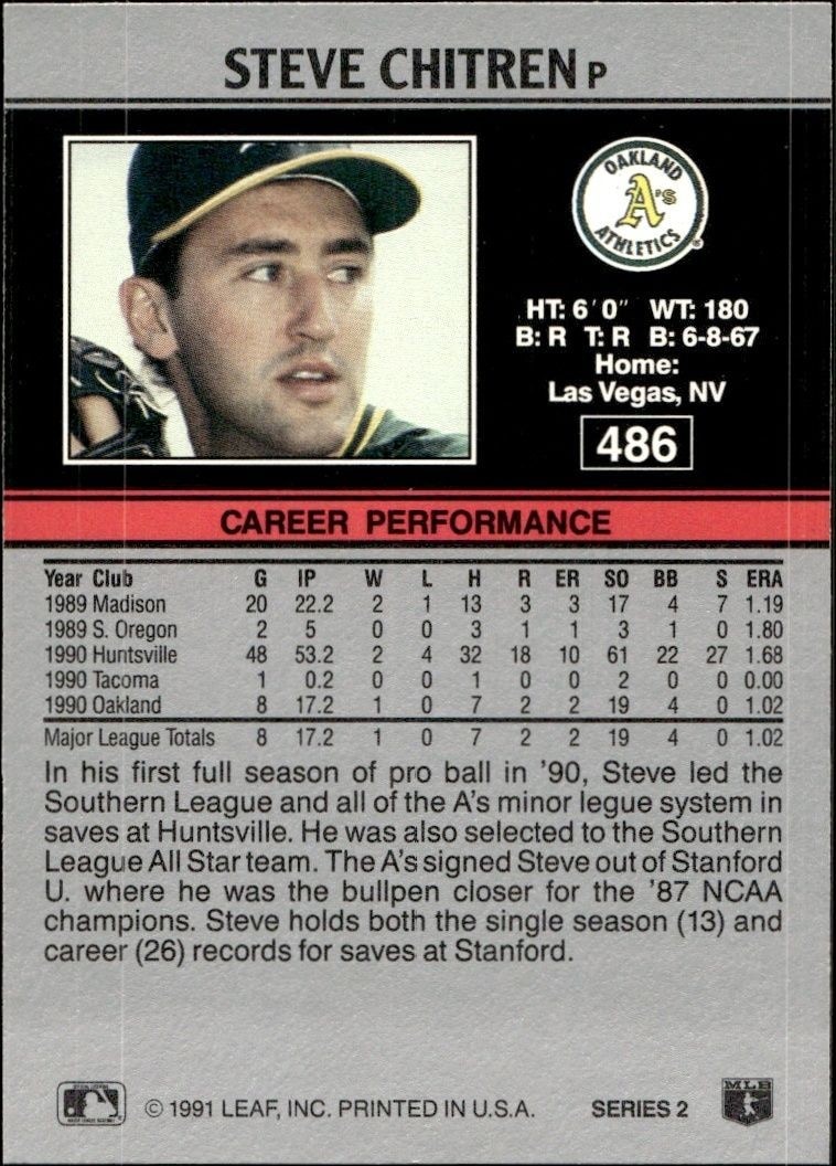 1991 Leaf Steve Chitren #486 baseball trading card back