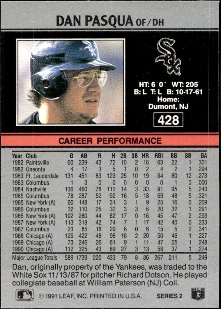 1991 Leaf Dan Pasqua #428 baseball trading card back