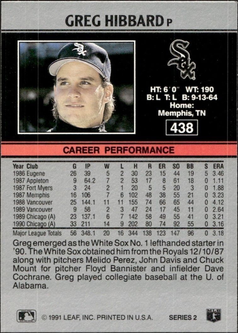 1991 Leaf Greg Hibbard #438 baseball trading card back