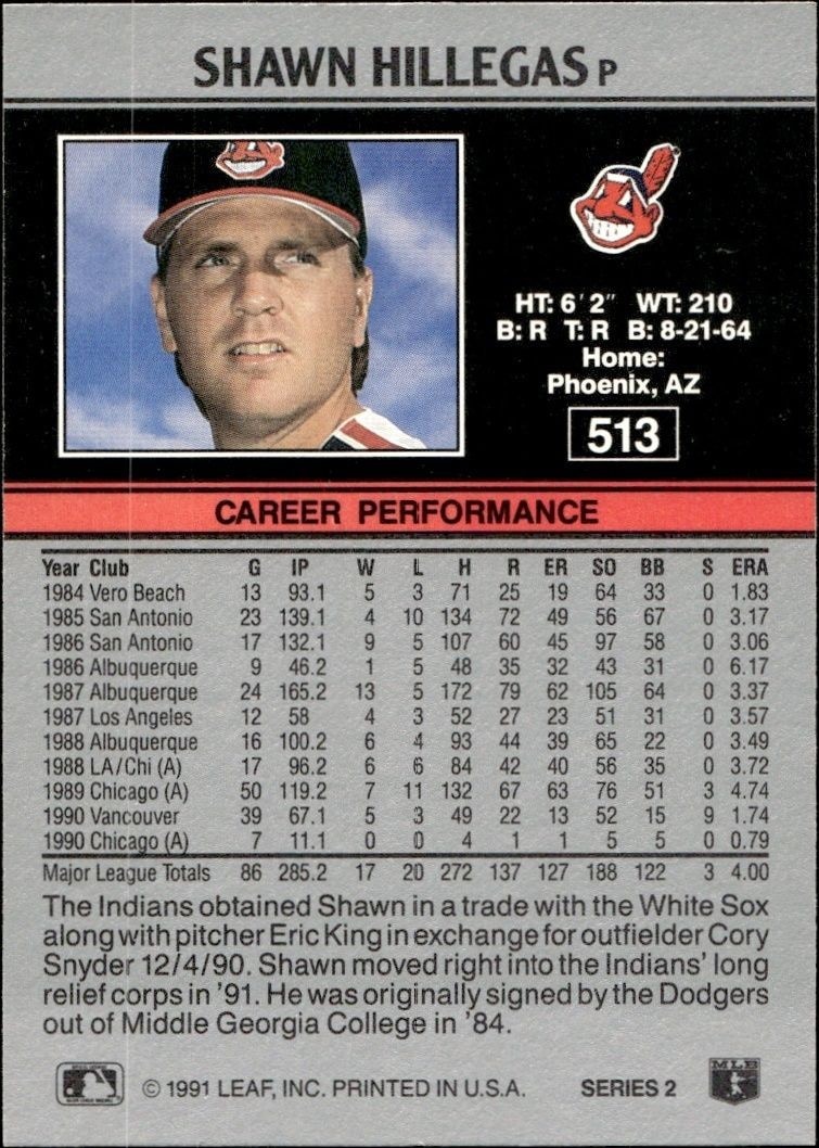 1991 Leaf Shawn Hillegas #513 baseball trading card back