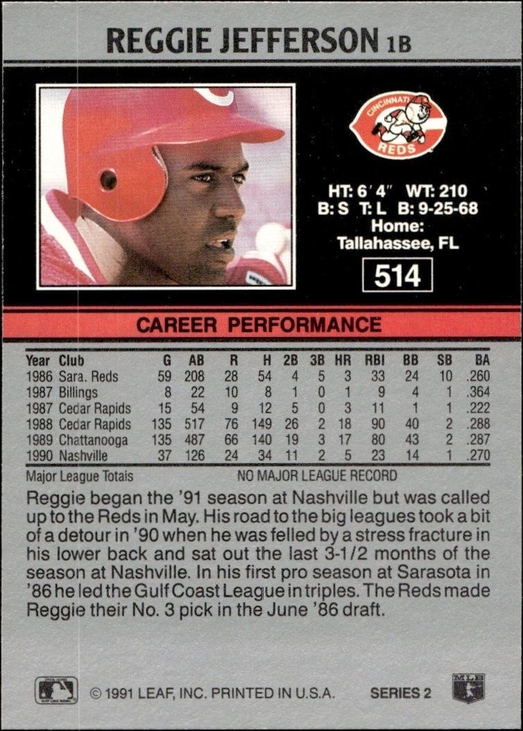 1991 Leaf Reggie Jefferson #514 baseball trading card back