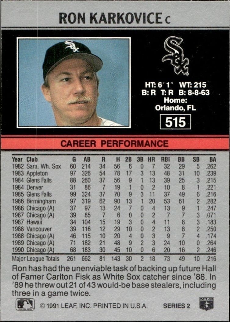 1991 Leaf Ron Karkovice #515 baseball trading card back