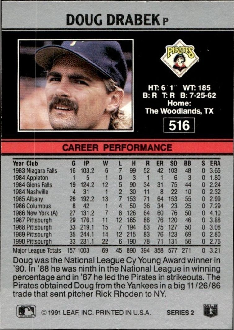 1991 Leaf Doug Drabek #516 baseball trading card back