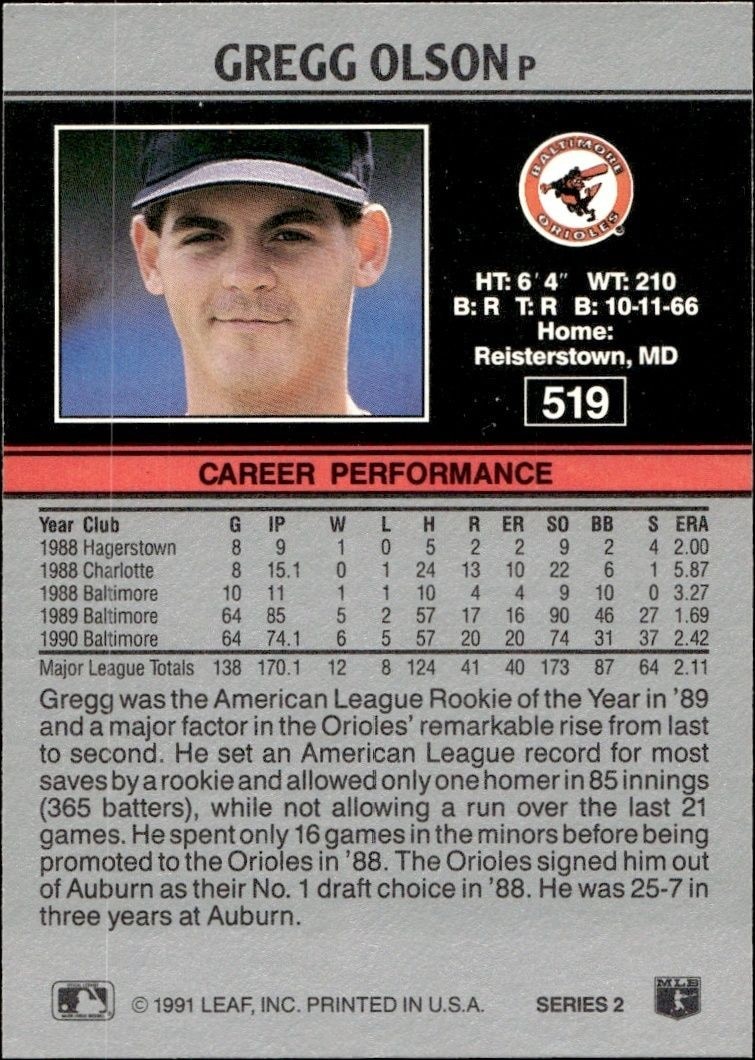 1991 Leaf Gregg Olson #519 baseball trading card back