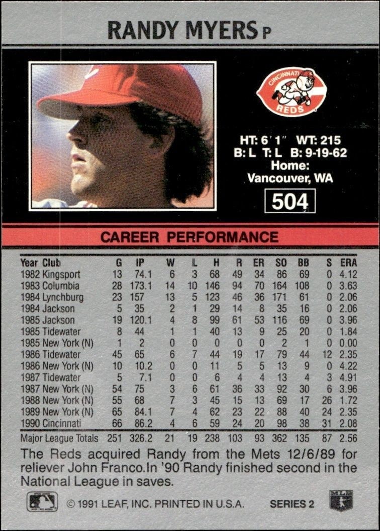 1991 Leaf Randy Myers #504 baseball trading card back