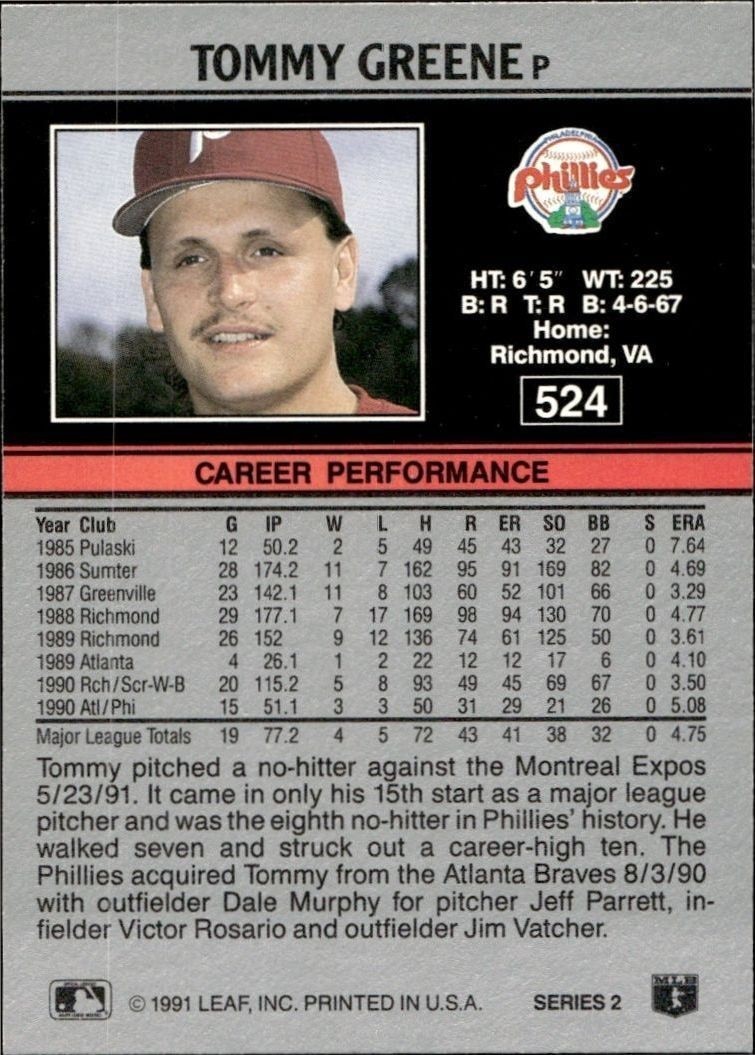 1991 Leaf Tommy Greene #524 baseball trading card back