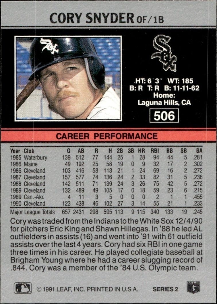 1991 Leaf Cory Snyder #506 baseball trading card back
