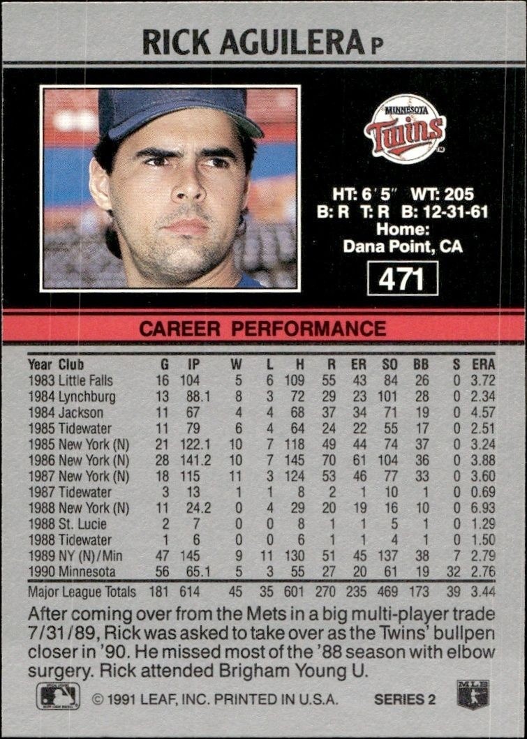 1991 Leaf Rick Aguilera #471 baseball trading card back