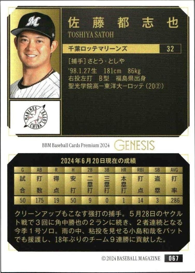 2024 Baseball Magazine Genesis Toshiya Satoh #67 baseball trading card back