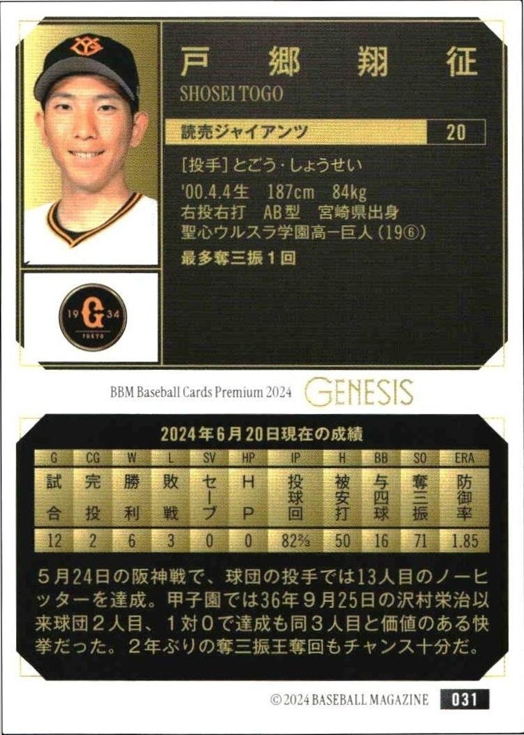 2024 Baseball Magazine Genesis Shosei Togo #31 baseball trading card back