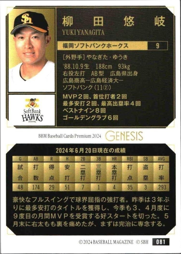 2024 Baseball Magazine Genesis Yuki Yanagita #81 baseball trading card back